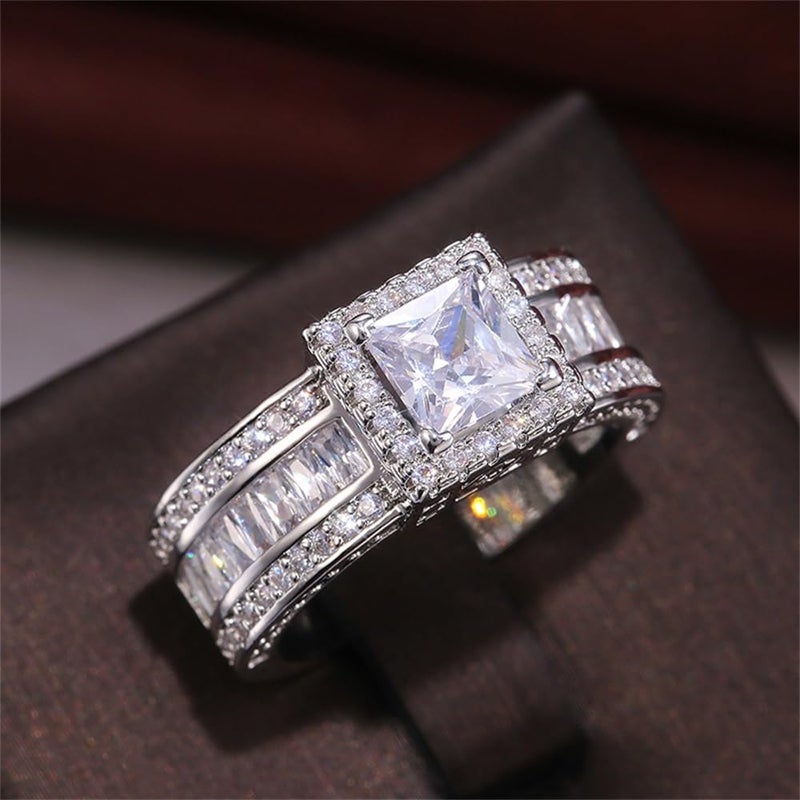 AZQ 925 Sterling Silver Shiny Full Diamond Gemstone Ring Cubic Zirconia Rings CZ Diamond Multi Row Ring Eternity Engagement Wedding Band Ring for Women (US Code 6) - Image 3